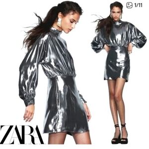 Zara Metallic Silver Long Sleeve Dress